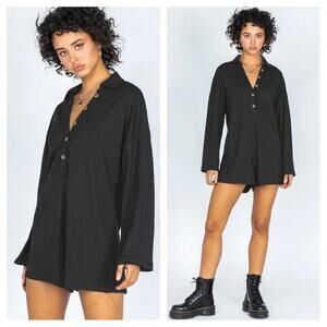 Princess Polly Mae Black Ribbed Long Sleeve Oversized Romper Loungewear Size 2